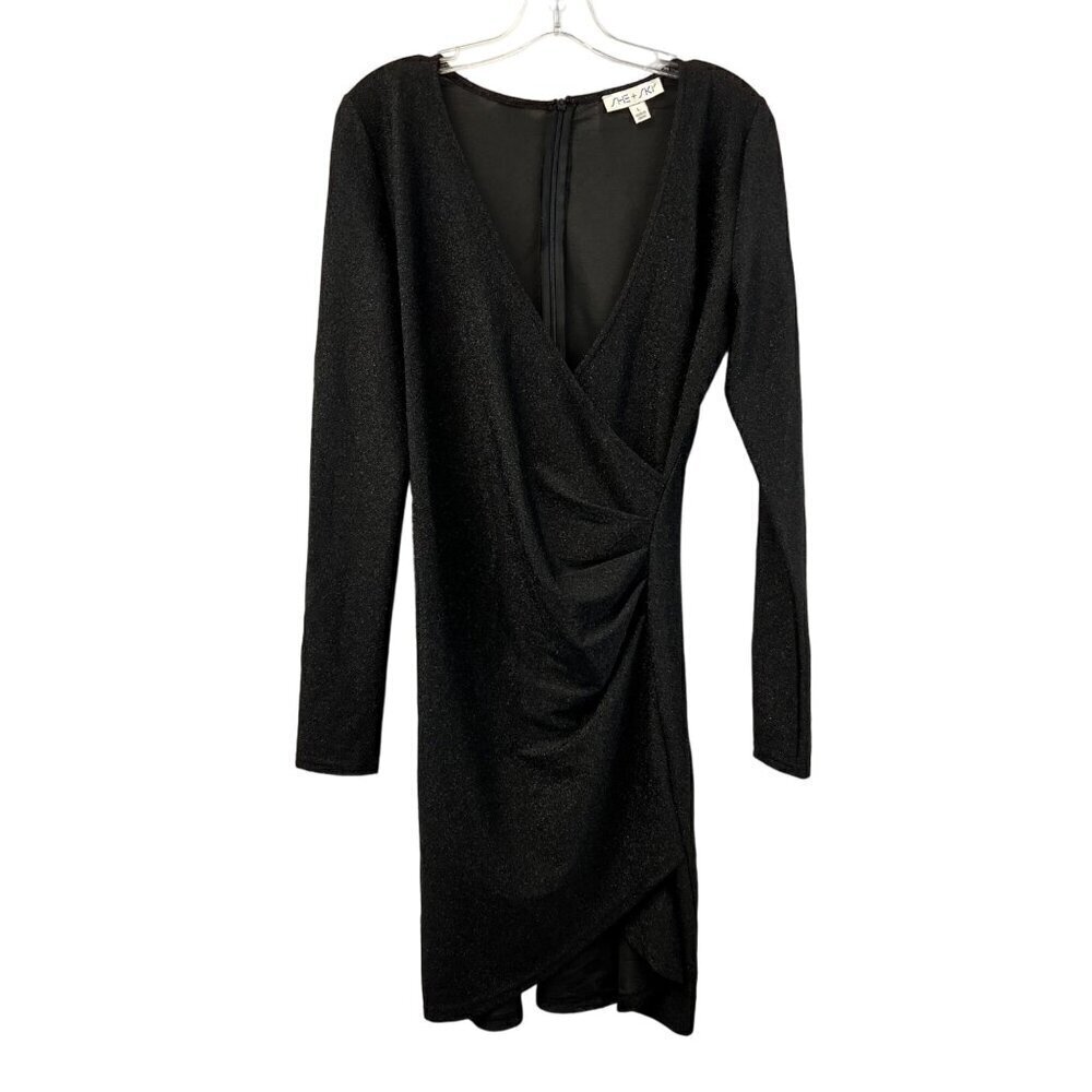 She + Sky Womens V-Neck Long Sleeve Ruched Sheath Dress Black Shimmer Large